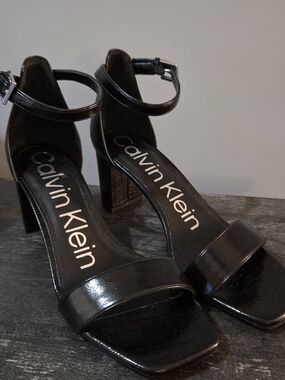 Calvin Klein Black Patent Ankle-Strap Block Heels